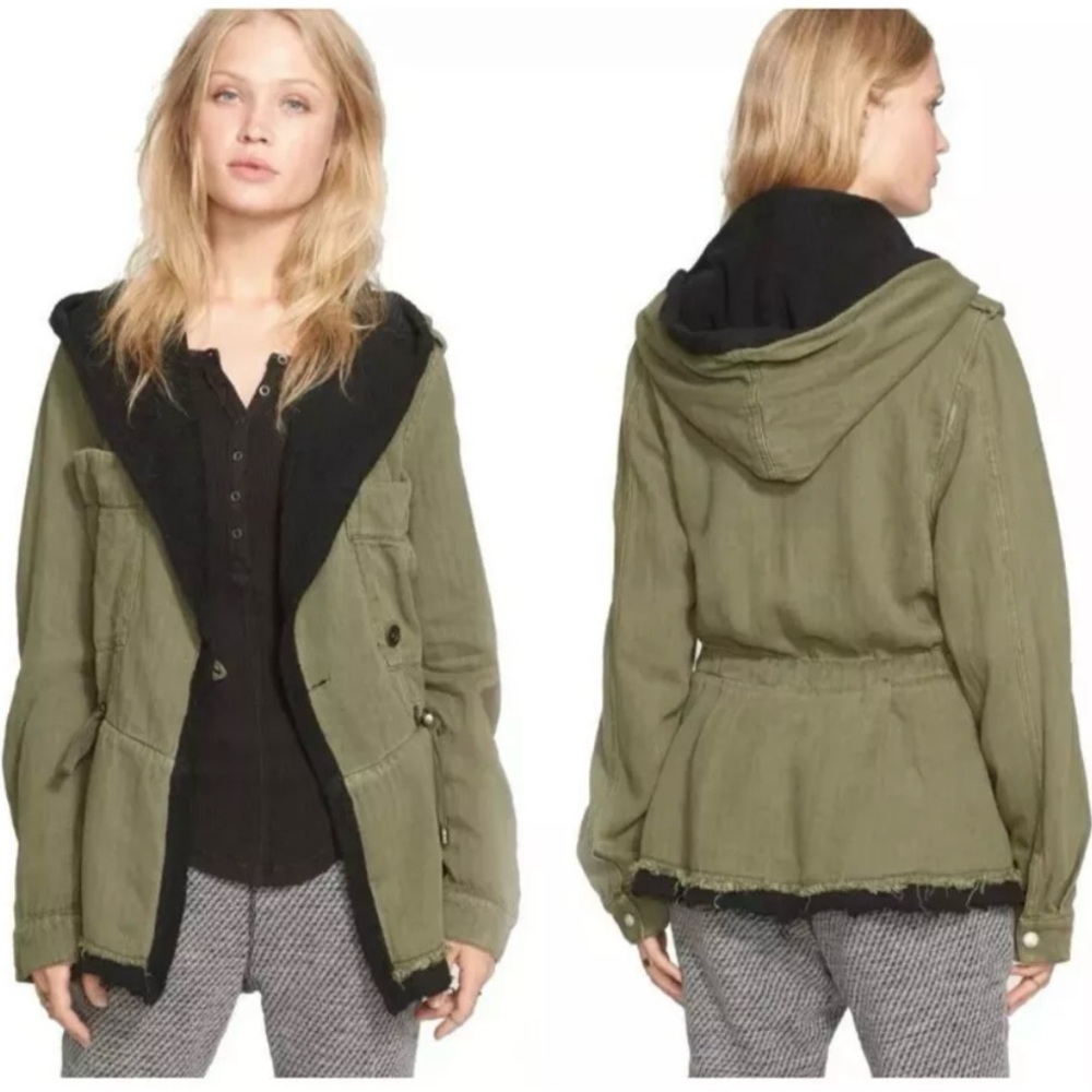 Free People Slouchy Jacket SMALL Olive Fleece Interior‎ Drawcord Waist